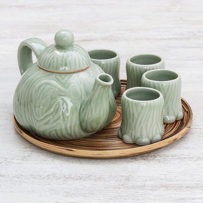 Juego de té de cerámica, (juego para 4) - Juego de té de elefante de cerámica Celadon y bandeja de bambú (juego para 4)