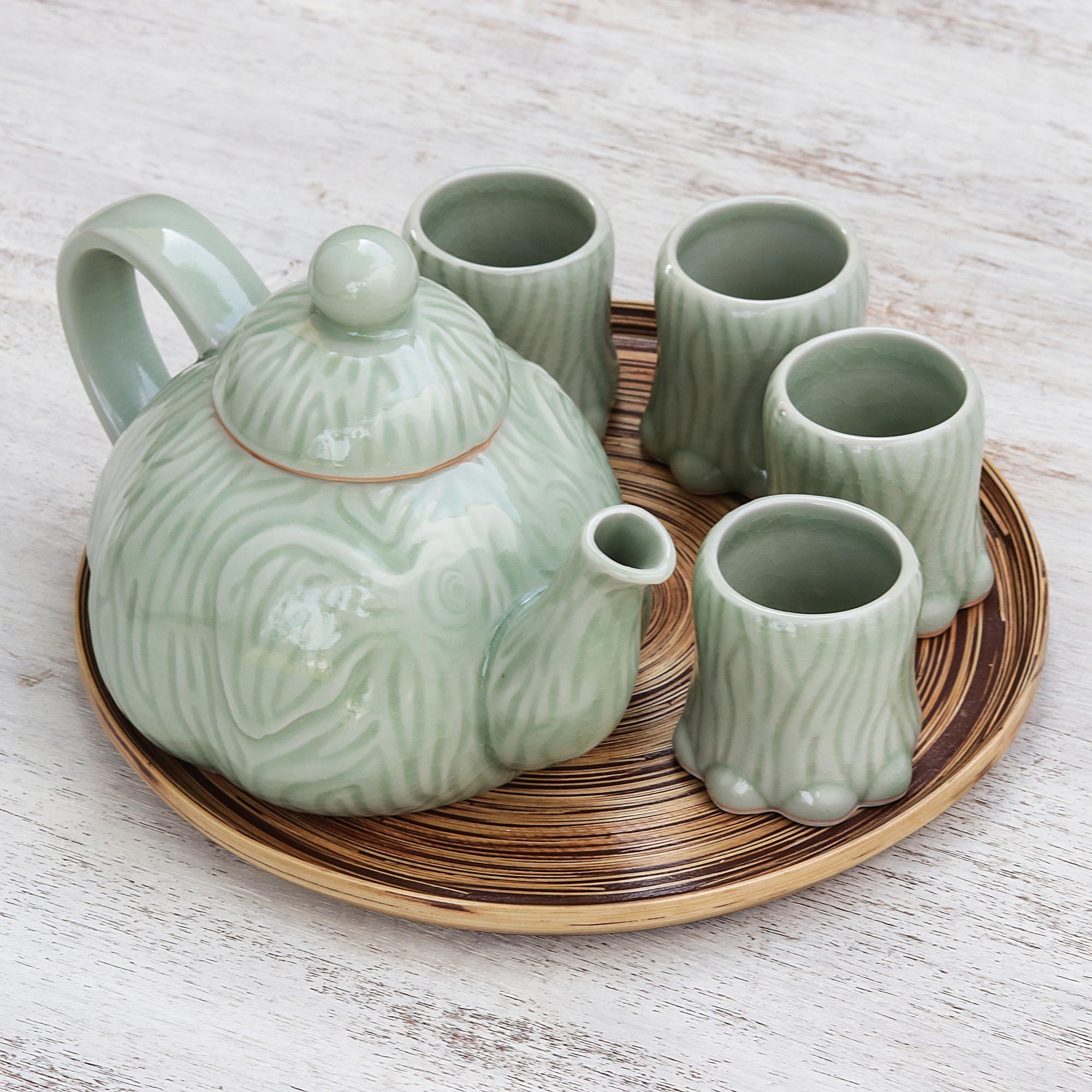 Celadon Ceramic Elephant Tea Set and Bamboo Tray (Set for 4) Elephant