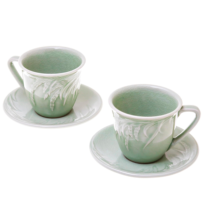 Ceramic cup and saucer set, 'Waving Grains' (pair) - Handcrafted Celadon Green Ceramic Cups and Saucers (Pair)