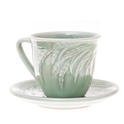 Juego de taza y plato de cerámica, (par) - Tazas y platillos de cerámica verde celadón hechos a mano (par)