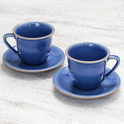 Ceramic cup and saucer set, 'Sublime Simplicity' (pair) - Handcrafted Blue Crackle Ceramic Cups and Saucers (Pair)