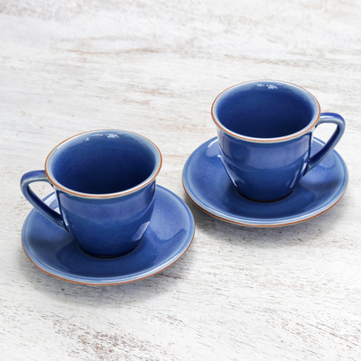 Ceramic cup and saucer set, 'Sublime Simplicity' (pair) - Handcrafted Blue Crackle Ceramic Cups and Saucers (Pair)