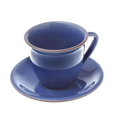 Keramiktassen- und Untertassen-Set, (Paar) - Handgefertigte Tassen und Untertassen aus blauer Crackle-Keramik (Paar)