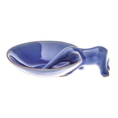 Ceramic incense holder, 'Sipping Elephant' - Elephant-Themed Blue Ceramic Incense Holder from Thailand