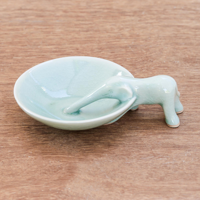 Celadon ceramic incense holder, 'Sipping Elephant' - Elephant-Themed Celadon Ceramic Incense Holder