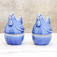 Ceramic egg cups, 'Hen Breakfast' (pair)