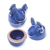 Ceramic egg cups, 'Hen Breakfast' (pair) - Blue Ceramic Hen Egg Cups from Thailand (Pair)