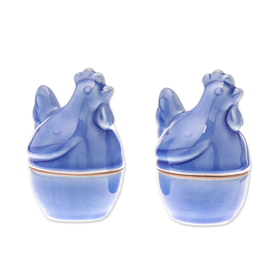 Ceramic egg cups, 'Hen Breakfast' (pair) - Blue Ceramic Hen Egg Cups from Thailand (Pair)