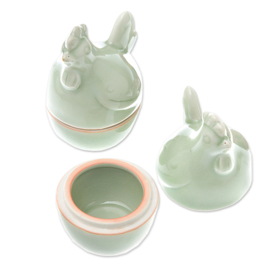 Celadon ceramic egg cups, 'Hen Breakfast' (pair) - Celadon Ceramic Hen Egg Cups from Thailand (Pair)