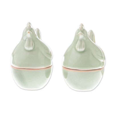 Celadon ceramic egg cups, 'Hen Breakfast' (pair) - Celadon Ceramic Hen Egg Cups from Thailand (Pair)