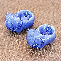 Ceramic egg cups, 'Elephant Sisters' (pair) - Blue Ceramic Elephant Egg Cups from Thailand (Pair)
