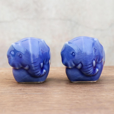 Ceramic egg cups, 'Elephant Sisters' (pair) - Blue Ceramic Elephant Egg Cups from Thailand (Pair)