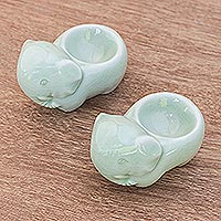 Celadon ceramic egg cups, 'Elephant Sisters' (pair) - Celadon Ceramic Elephant Egg Cups from Thailand (Pair)
