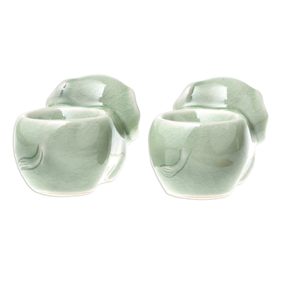 Celadon ceramic egg cups, 'Elephant Sisters' (pair) - Celadon Ceramic Elephant Egg Cups from Thailand (Pair)