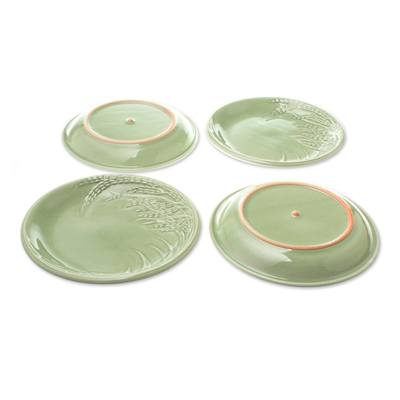 Platos de postre de cerámica Celadon, (juego de 4) - Platos de cerámica de celadón con temática de arroz de Tailandia (juego de 4)