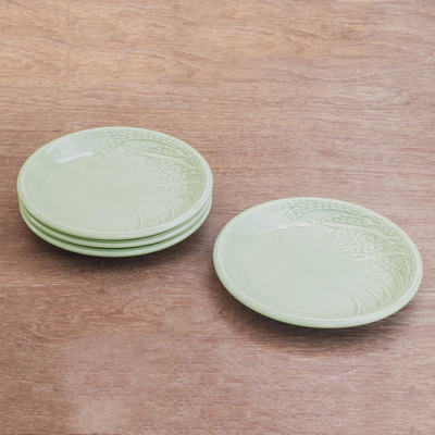 Celadon ceramic dessert plates, 'Thai Rice' (set of 4) - Rice-Themed Celadon Ceramic Plates from Thailand (Set of 4)