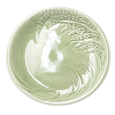 Platos de postre de cerámica Celadon, (juego de 4) - Platos de cerámica de celadón con temática de arroz de Tailandia (juego de 4)