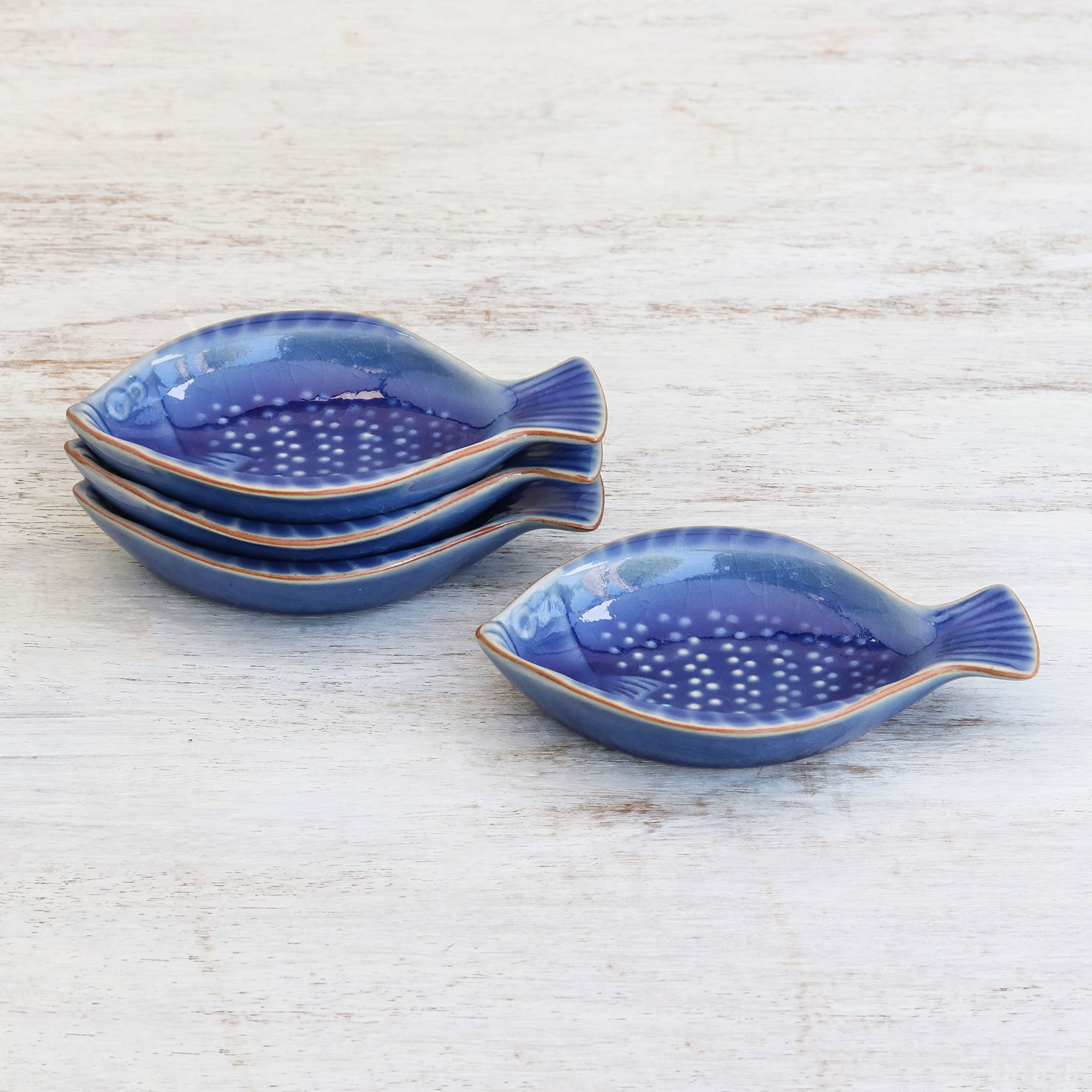 FishShaped Blue Ceramic Appetizer Bowls (Set of 4) Festive Fish NOVICA