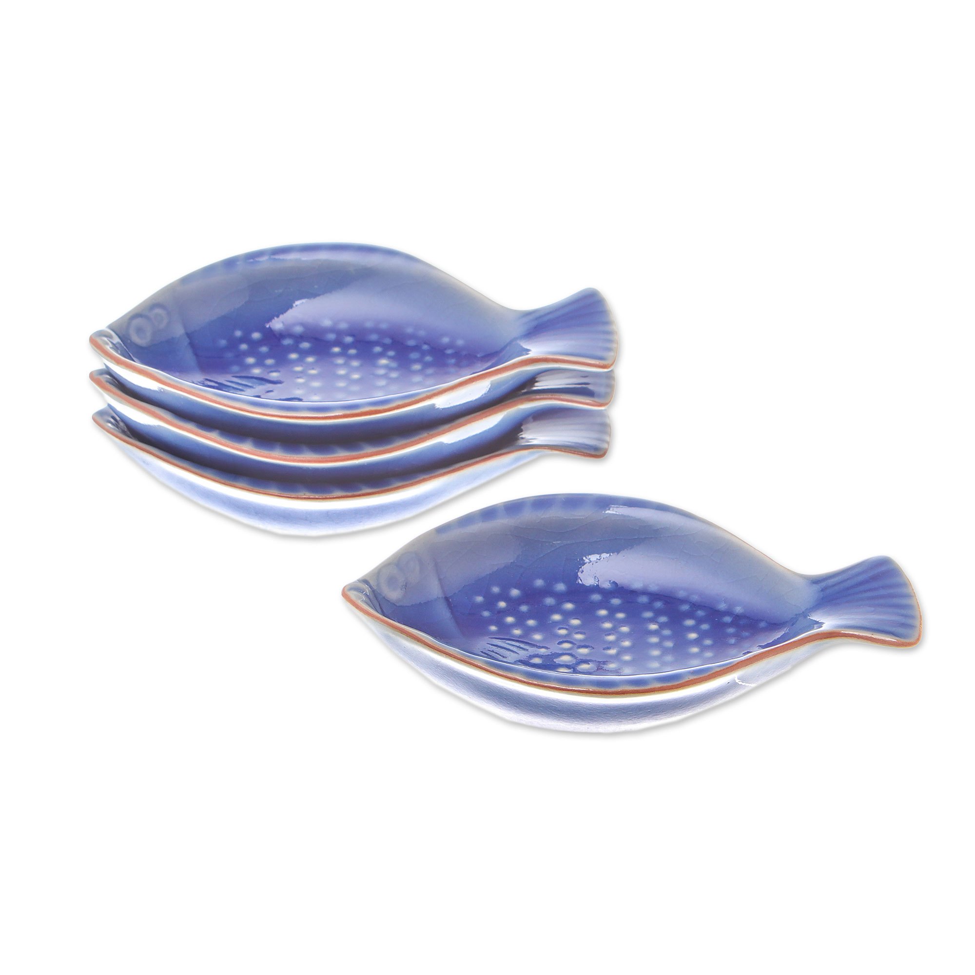FishShaped Blue Ceramic Appetizer Bowls (Set of 4) Festive Fish NOVICA