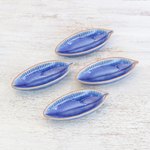 Ceramic serving bowls, 'Festive Banana' (set of 4) - Leaf-Shaped Blue Ceramic Appetizer Bowls (Set of 4)