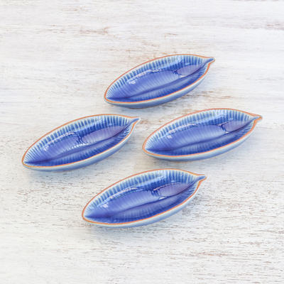 Cuencos de cerámica para servir (juego de 4) - Cuencos para aperitivos de cerámica azul con forma de hoja (juego de 4)
