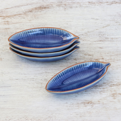 Ceramic serving bowls, 'Festive Banana' (set of 4) - Leaf-Shaped Blue Ceramic Appetizer Bowls (Set of 4)