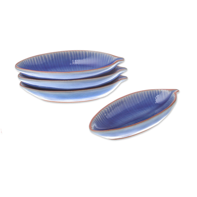 Cuencos de cerámica para servir (juego de 4) - Cuencos para aperitivos de cerámica azul con forma de hoja (juego de 4)