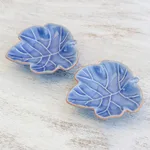 Ceramic bowls, 'Ivy Gourd' (pair) - Leafy Blue Ceramic Appetizer Bowls from Thailand (Pair)