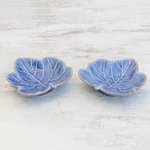 Ceramic bowls, 'Ivy Gourd' (pair) - Leafy Blue Ceramic Appetizer Bowls from Thailand (Pair)