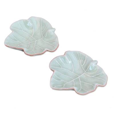 Cuencos de cerámica Celadon, (par) - Cuencos de cerámica para aperitivos Leafy Celadon de Tailandia (par)