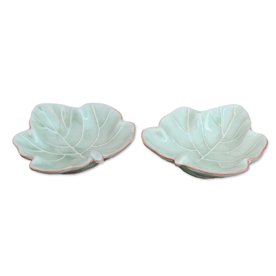 Celadon ceramic bowls, 'Ivy Gourd' (pair) - Leafy Celadon Ceramic Appetizer Bowls from Thailand (Pair)