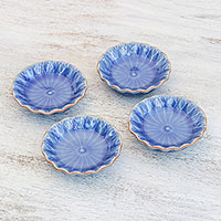 Vorspeisenschalen aus Keramik, „Festive Lotus“ (4er-Set) - Blaue Vorspeisenschalen aus Lotusblatt-Keramik (4er-Set)