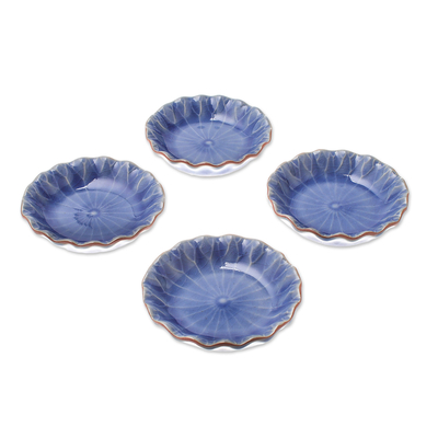 Ceramic appetizer bowls, 'Festive Lotus' (set of 4) - Lotus Leaf Blue Ceramic Appetizer Bowls (Set of 4)
