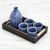 Celadon ceramic sake set, 'Ridges' (set for 4) - Blue Ceramic Decanter and Cups with Wood Tray (Set for 4)