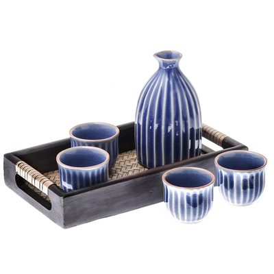 Blue Ceramic Decanter and Cups with Wood Tray (Set for 4)