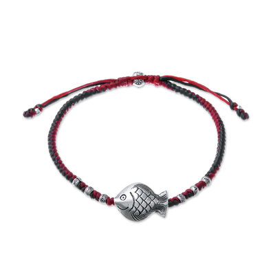 Silver pendant bracelet, 'Red and Black Fishing Time' - Red and Black Silver Fish Pendant Bracelet from Thailand