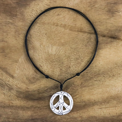 Ceramic pendant necklace, 'Bring Peace in White' - Hand-Painted Ceramic Peace Necklace in White from Thailand