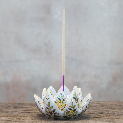 Benjarong porcelain incense and candle holder, Lotus Scent (3 piece)