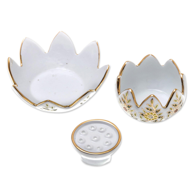 Benjarong porcelain incense and candle holder, 'Lotus Scent' (3 piece) - Benjarong Porcelain Incense and Candle Holder (3 Piece)