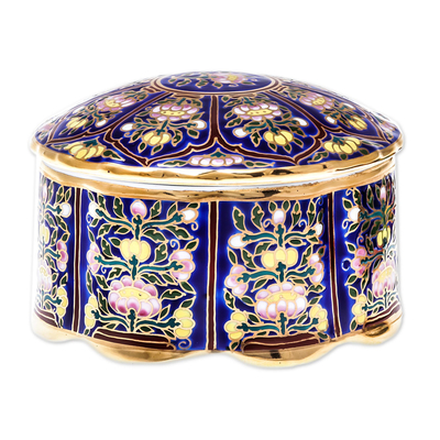 Caja decorativa de porcelana dorada - Caja decorativa de porcelana dorada con motivo de loto de Tailandia