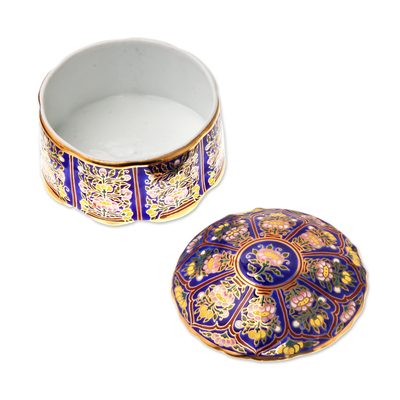Caja decorativa de porcelana dorada - Caja decorativa de porcelana dorada con motivo de loto de Tailandia