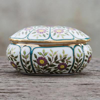 Gilded porcelain decorative box, Benjarong Violets
