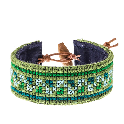 Cross-Stitched Hmong Cotton Wristband Bracelet in Green