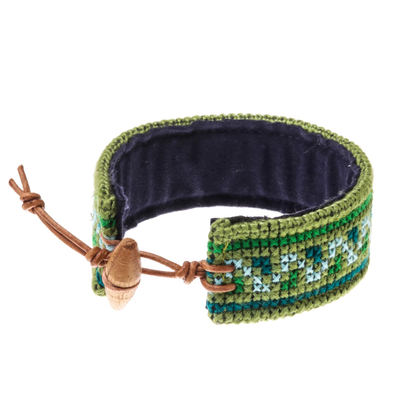 Cotton wristband bracelet, 'Verdant Hmong' - Cross-Stitched Hmong Cotton Wristband Bracelet in Green