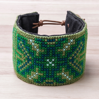Cotton wristband bracelet, 'Hmong Cross' - Cross-Stitched Green Hmong Cotton Wristband Bracelet