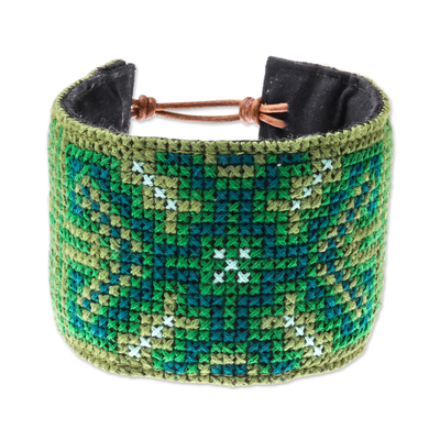 Cross-Stitched Green Hmong Cotton Wristband Bracelet