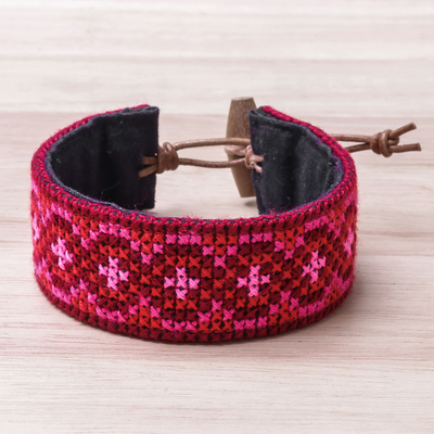 Cotton wristband bracelet, 'Hmong Helix' - Helix Motif Hmong Cotton Wristband Bracelet from Thailand