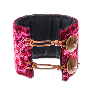 Cotton wristband bracelet, 'Feminine Hmong' - Cross-Stitched Hmong Cotton Wristband Bracelet in Pink