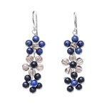 Lapis lazuli beaded dangle earrings, 'Rainbow Blossom' - Lapis Lazuli and Glass Beaded Dangle Earrings from Thailand