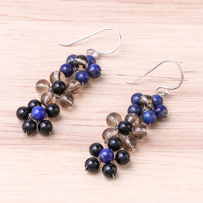 Lapis lazuli beaded dangle earrings, 'Rainbow Blossom' - Lapis Lazuli and Glass Beaded Dangle Earrings from Thailand